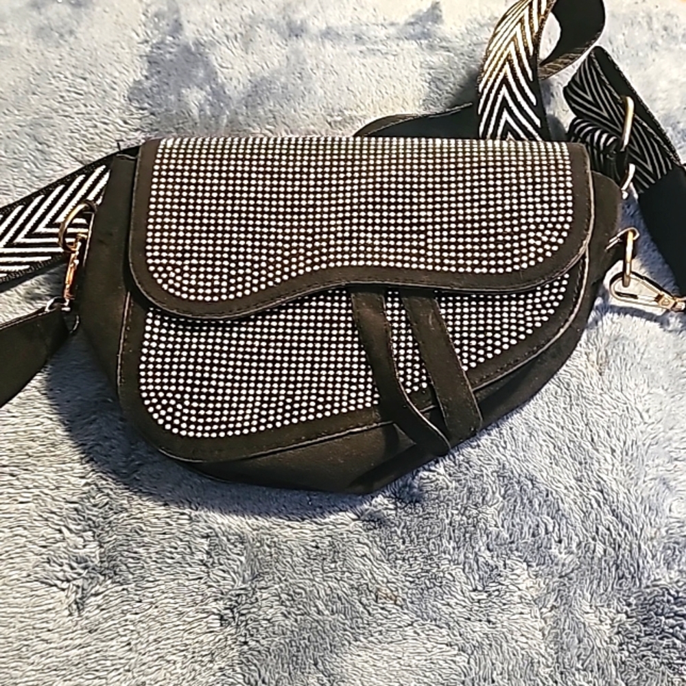 New, Saddlebag, Black Suede w/Front Rhinestones, Strap, Dual Clasp Snap Closure